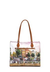 Borsa tote con esterno in tela, caratterizzata da un design di paesaggio urbano colorato, manici in faux pelle marrone e chiusura con zip.