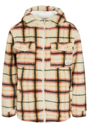 Fleecejacke mit Kapuze, die ein beiges und oranges Karomuster zeigt, zwei Fronttaschen hat und mit einem Reißverschluss schließt. Weicher, strukturierter Stoff.