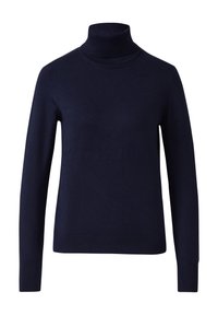Pull marin bleu en col roulé fabriqué en tissu tricoté doux. Il dispose de manches longues et d'une silhouette cintrée avec un col et un ourlet côtelés.