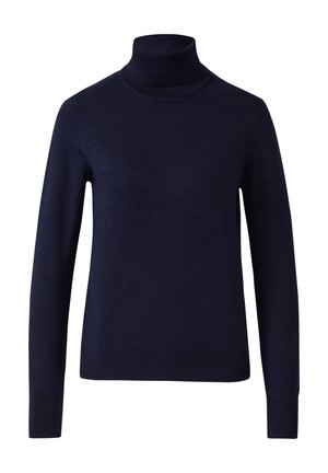 Marineblauwe poloshirt gemaakt van zachte tricotstof. Heeft lange mouwen en een getailleerde snit met een geribbelde hals en rand.