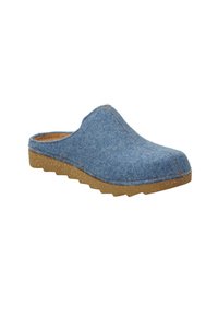 Sabots en feutre bleu avec un bout arrondi, une semelle intérieure rembourrée et une semelle texturée, présentant une semelle extérieure en caoutchouc antidérapante beige.