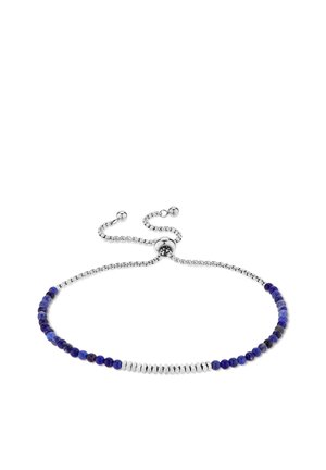 Silver adjustable chain bracelet with alternating small blue and silver beads on a white background.