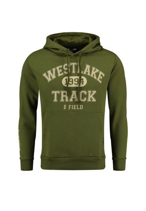 Sudadera color verde oliva con un bolsillo tipo canguro en la parte frontal. Presenta la inscripción "WESTLAKE TRACK 1994" en color crema. Puños y dobladillo acanalados. Textura de tela suave.