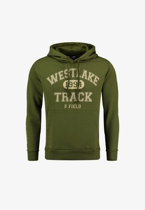 Olijfgroene hoodie met een voorzak in kangoeroestijl. Heeft "WESTLAKE TRACK 1994" in crème gedrukt. Geribbelde manchetten en zoom. Zachte stoftextuur.