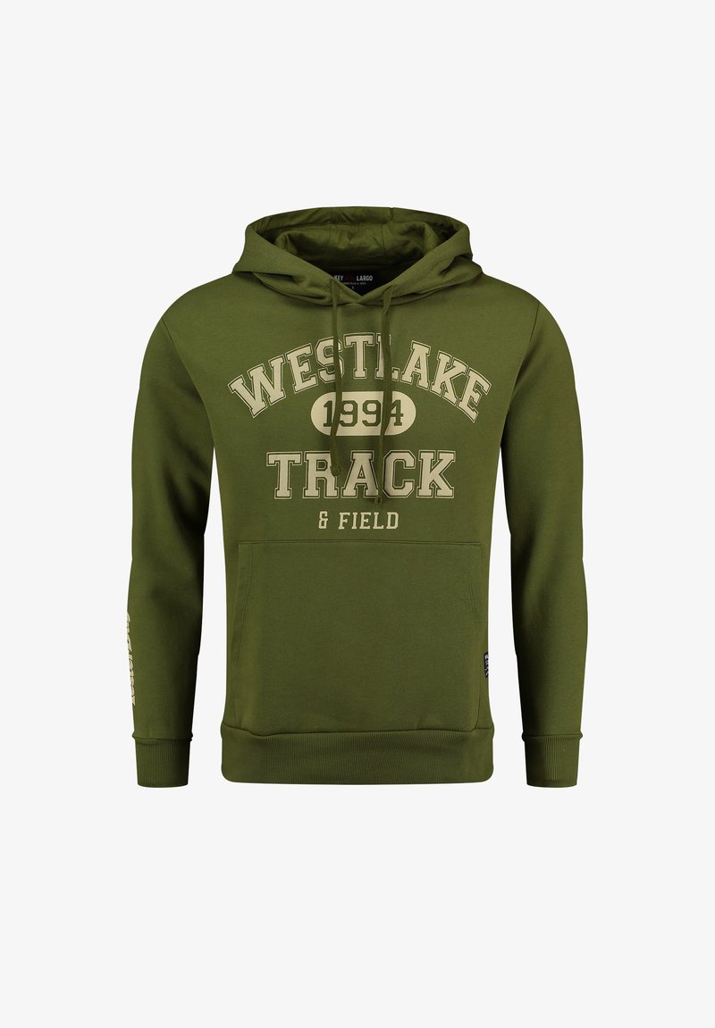 Felpa verde oliva con tasca a marsupio frontale. Presenta la scritta “WESTLAKE TRACK 1994” stampata in crema. Maniche e orlo a costine. Texture del tessuto morbida.