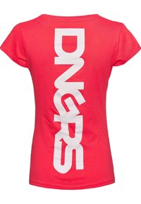 Red cotton t-shirt featuring a large vertical white text print that reads "DNGRS" on the back. Round neckline and short sleeves.