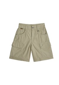 Shorts cargo beige en tissu tissé, avec plusieurs poches, fermeture par bouton et zip, et coutures renforcées pour plus de durabilité.