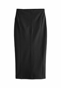 Fustă creion neagră cu un design elegant, realizată din material elastic. Dispune de două fermoare laterale și detalii cu cusături verticale pentru un plus de textură.