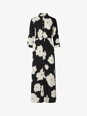 Mustmust valge lillemustriga, nupuga es front, kolmeveerand pikkuses varrukad ja krae. Kerge kangas, pahklappideni ulatuv disain.