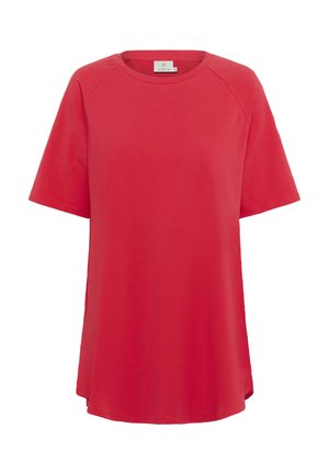Rotes Kurzarm-T-Shirt aus weicher Baumwolle mit rundem Halsausschnitt und lässiger Passform, mit einem leicht asymmetrischen Saum.