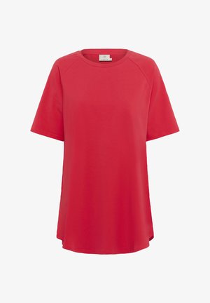 Punainen lyhythihainen t-paita pehmeästä puuvillasta, jossa on pyöreä kaula-aukko ja rento malli, jossa on lievästi korkeampi takahiemen.