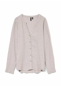 Chemise en lin beige clair à manches longues, décolleté en V, devant à boutons et ourlet arrondi. Elle présente un tissu texturé et un subtil éclat.