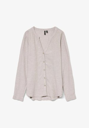 Lys beige linned skjorte med lange ærmer, v-hals, knaplukning foran og en afrundet kant. Har et struktureret stof og en subtil glans.