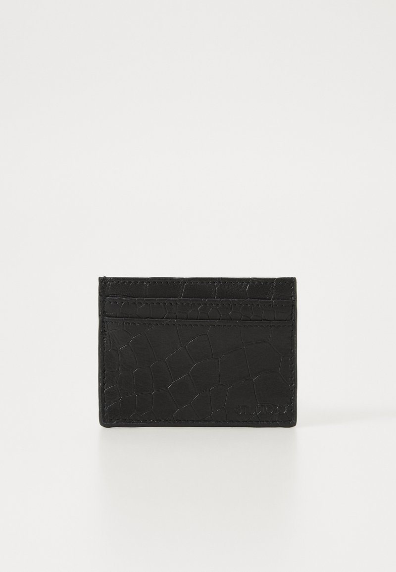 Black leather cardholder featuring a textured, cracked pattern. It includes multiple card slots and a smooth finish. Compact rectangular shape.