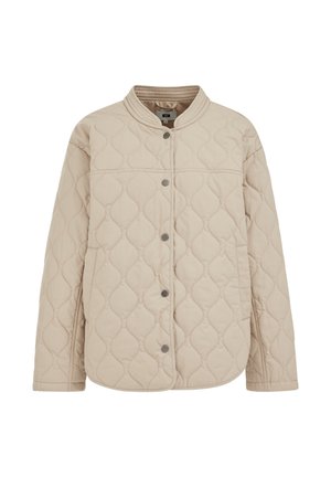 Bež prešita jakna z mandarin ovratnikom, zanko z zatiči in teksturiranim valovitim vzorcem po tkanini.