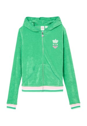 Grüner Velours-Zip-Hoodie mit Fronttaschen, gestreiften pink-weißen Bündchen und Saum sowie einem kleinen Kronen- und Herz-Emblem auf der Brust.
