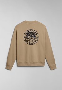 Felpa beige con un logo rotondo che presenta alberi e una tenda. Polsi e orlo a coste, texture morbida, design casual.