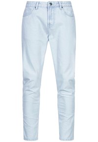 Jeans in denim azzurro chiaro con vestibilità slim, dotati di chiusura a bottone, cinque tasche e una leggera texture sbiadita.
