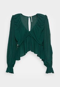 Blusa corta teal con maniche lunghe, caratterizzata da un profondo scollo a V, arricciature e polsini elastici. Tessuto leggero e strutturato.