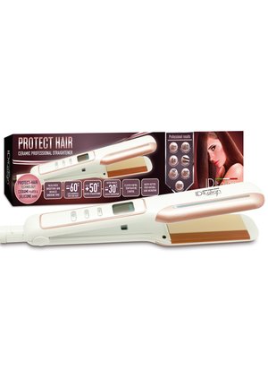 Lisseur à cheveux en céramique blanc et or rose avec affichage numérique de la température et emballage montrant les caractéristiques du produit et une femme aux cheveux raides.