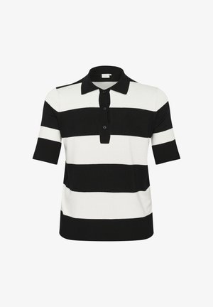 Polo shirt à rayures noires et blanches avec des manches courtes, un col côtelé et une patte de boutonnage. Tissu doux avec un design à coupe régulière.