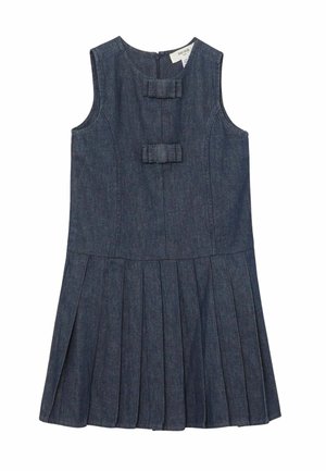 Robe en jean sans manches avec jupe plissée, dotée de deux nœuds décoratifs à l'avant et d'une fermeture éclair au dos. Couleur bleu foncé.