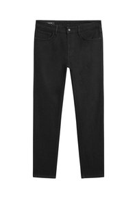 Czarne slim-fit dżinsy z zapięciem na guzik z przodu, szlufkami na pasek i pięcioma kieszeniami, prezentowane na białym tle.