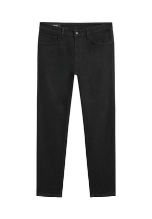 Černé slim-fit džíny s předním knoflíkem, poutky na opasek a designem s pěti kapsami, vystavené na bílém pozadí.