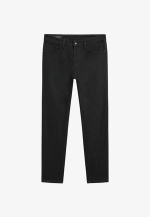 Czarne slim-fit dżinsy z zapięciem na guzik z przodu, szlufkami na pasek i pięcioma kieszeniami, prezentowane na białym tle.