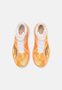 Orange athletic shoes with a breathable mesh upper and white accents. Features black logo, lace-up design, and perforated texture for ventilation.