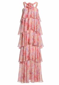 Robe maxi sans manches à volants rose et violette avec col montant à volants et bretelles