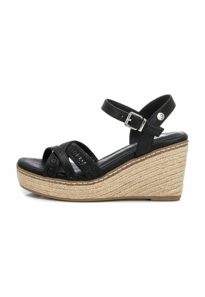 Sandalias de cuña negras con correas de cuero perforadas, hebilla ajustable en el tobillo y material trenzado similar a yute que cubre la cuña.