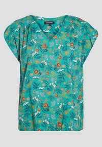 Kurzärmlige Bluse aus türkisfarbenem Stoff, mit einem floralen Muster in Orange und Weiß. V-Ausschnitt-Design mit gerafften Schultern.