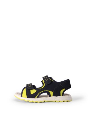 Sandalo per bambini di colore blu navy e giallo con due cinturini regolabili in Velcro, design open-toe e suola testurizzata con motivi a zigzag.