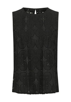 Čierny bezrukávový top s vyšívaným kvetinovým vzorom, textúrovanou látkou a detailom v tvare kľúčovej dierky na chrbte. Jednoduchý a elegantný dizajn.