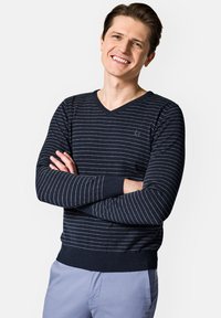 Granatowy sweter z dekoltem w serek, w cienkie szare paski, z prążkowanymi mankietami i dołem. Zawiera małe logo na lewej piersi. Noszony z jasnymi spodniami.