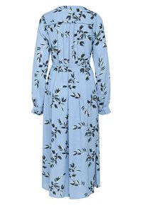 Light blue dress with long sleeves, fitted waist, and black leaf pattern. Features a back opening and buttoned sleeve cuffs.