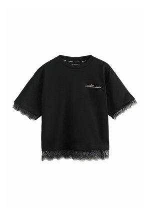 Black short-sleeve cropped top with lace trim on sleeves and hem, featuring small white "Allsaints" logo embroidered on the chest.