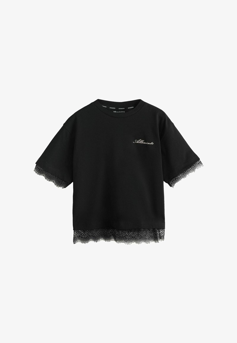 Sort kortærmet crop top med blonder på ærmer og kant, med lille hvid "Allsaints" logo broderet på brystet.