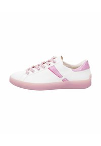Weiße Sneaker mit rosa Akzenten und Schnürsenkeln. Verfügt über eine strukturierte Oberfläche und eine durchsichtige rosa Sohle. Minimalistisches Design, Low-Top-Form.