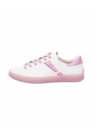 Weiße Sneaker mit rosa Akzenten und Schnürsenkeln. Verfügt über eine strukturierte Oberfläche und eine durchsichtige rosa Sohle. Minimalistisches Design, Low-Top-Form.