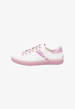 White sneaker with pink accents and laces. Features a textured surface and a translucent pink sole. Minimalistic design, low-top shape.