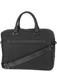 Zwarte laptoptas van leer, met dubbele handgrepen, een verstelbare schouderriem en een eenvoudig rechthoekig ontwerp met een achtervak.