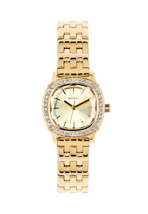 Guldtonet ur med firkantet urskive, krystalaccenter rundt om bezel, og et sammenkædet metalrem. Enkel urskive med timemarker.