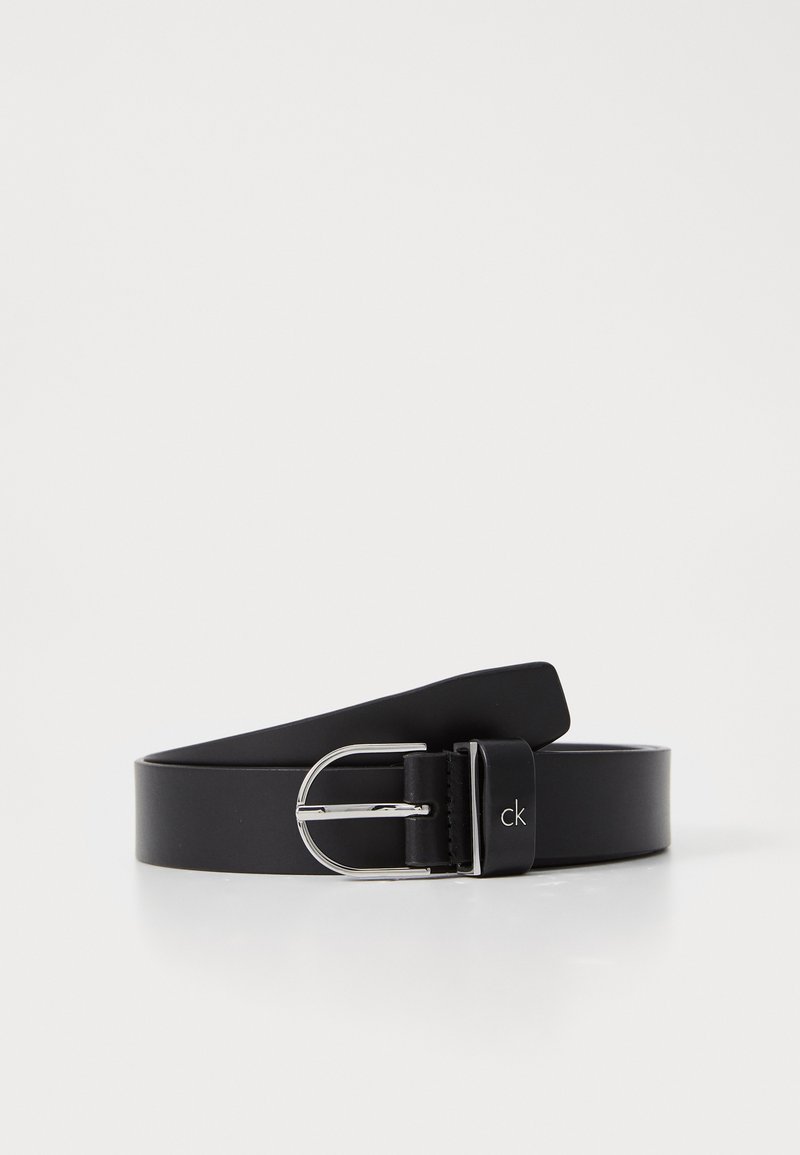 Black synthetic belt featuring a silver-tone metal buckle and a branded loop. Smooth texture with a simple, sleek design.