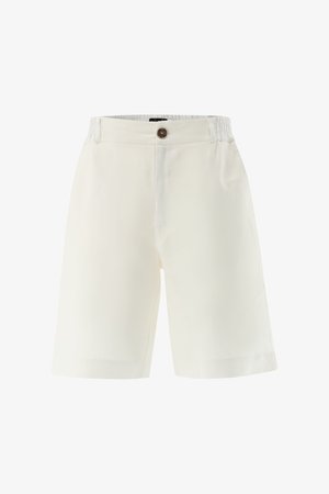 Weiße Shorts in mittlerer Länge mit Knopfverschluss, Vordertaschen und einem elastischen Bund hinten.