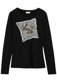 Svart långärmad t-shirt med ett ramar leopardmönster som har text i en guldmetallfinish och turkosa accenter. Mjuk tyg.