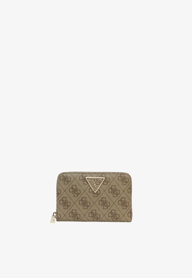 Portefeuille en textile marron avec un design à motifs et un patch logo triangulaire. Comprend une fermeture à glissière et des accents en métal.