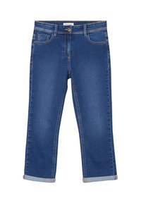 Jean en denim bleu avec une coupe droite, ourlets roulés, poches avant et couture contrastante. Le matériau semble lisse et durable.