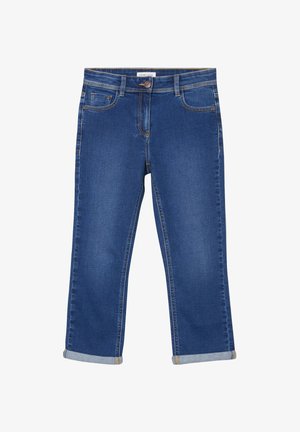Blaue Jeans aus Denim mit geradem Schnitt, hochgekrempelten Bündchen, Fronttaschen und kontrastierenden Nähten. Das Material wirkt glatt und strapazierfähig.
